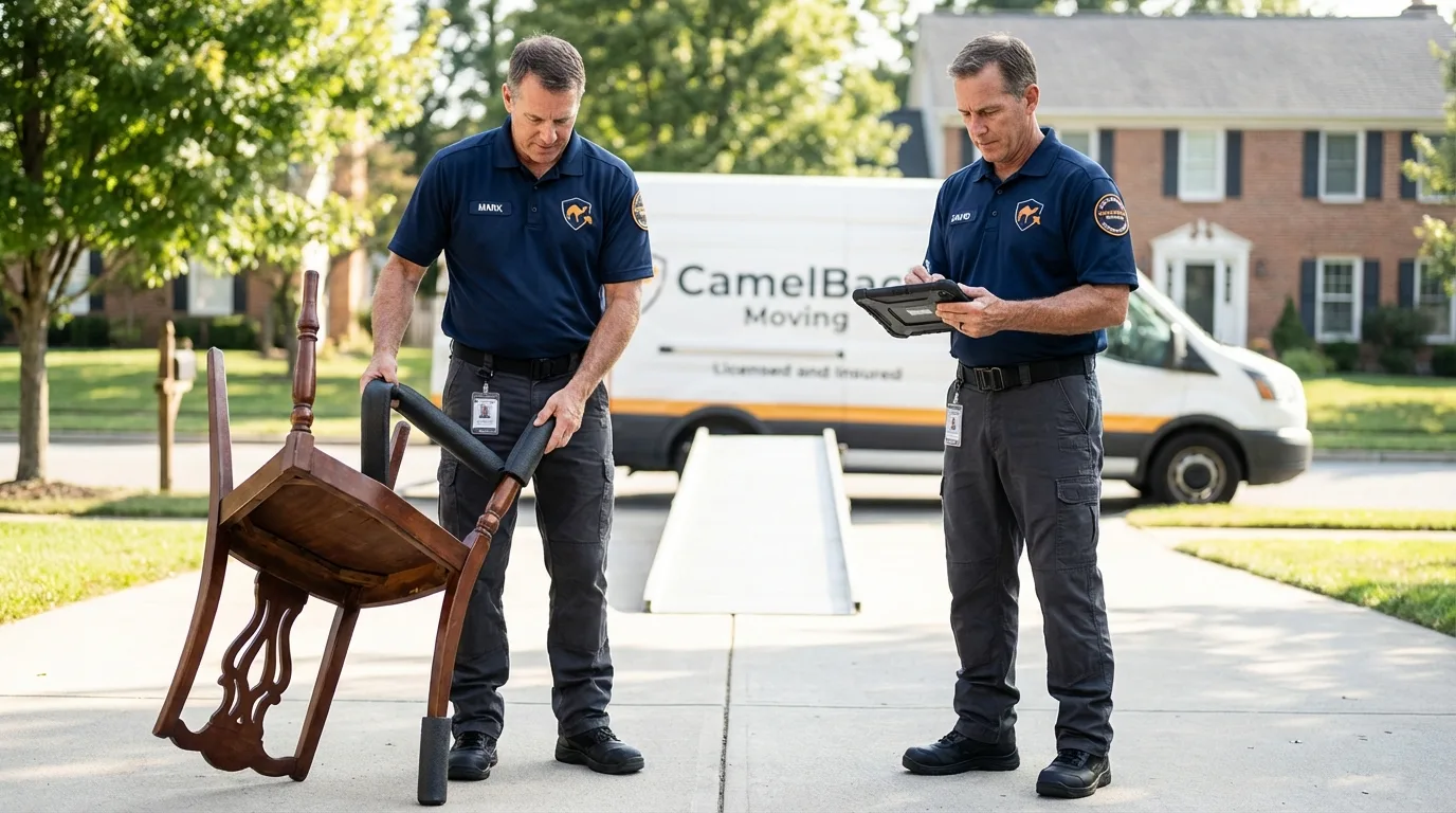 Movers inspecting furniture for damage prevention before loading in Harrisville, WV