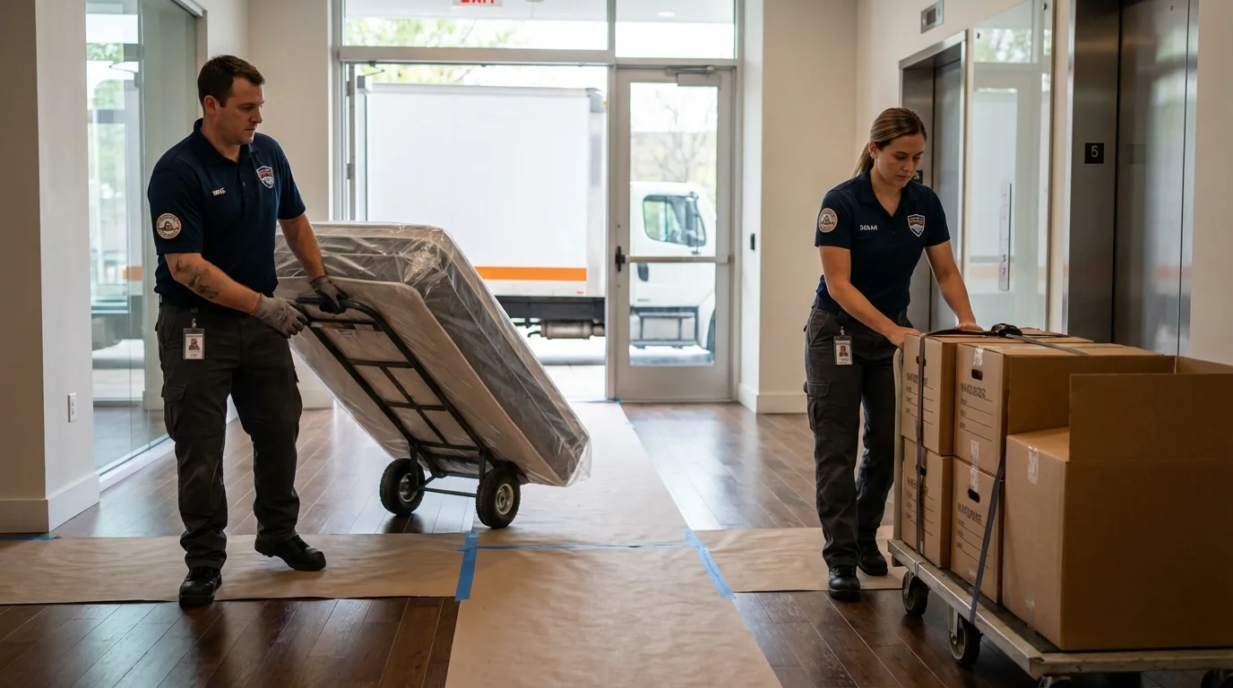 Professional apartment movers loading elevator in Harrisville, WV
