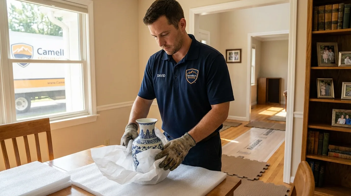 Professional crew carefully wrapping antique vase for senior downsizing move in Harrisville, WV